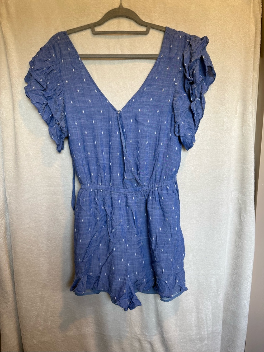 American Eagle Outfitters Blue Chambray Romper with White Dots